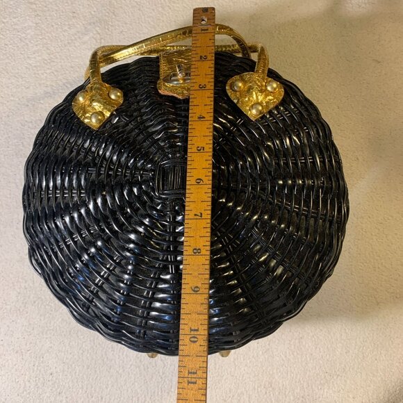 Vintage British Hong Kong Woven Wicker Basket Purse Handbag Black Gold - Picture 9 of 11